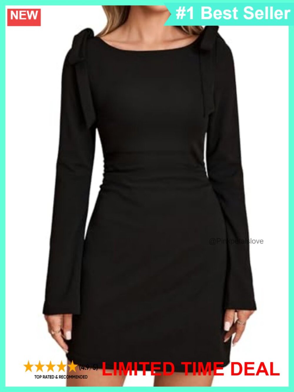 Womens Long Sleeve Ruched Mini Dress Boat Neck Tie Shoulder Party